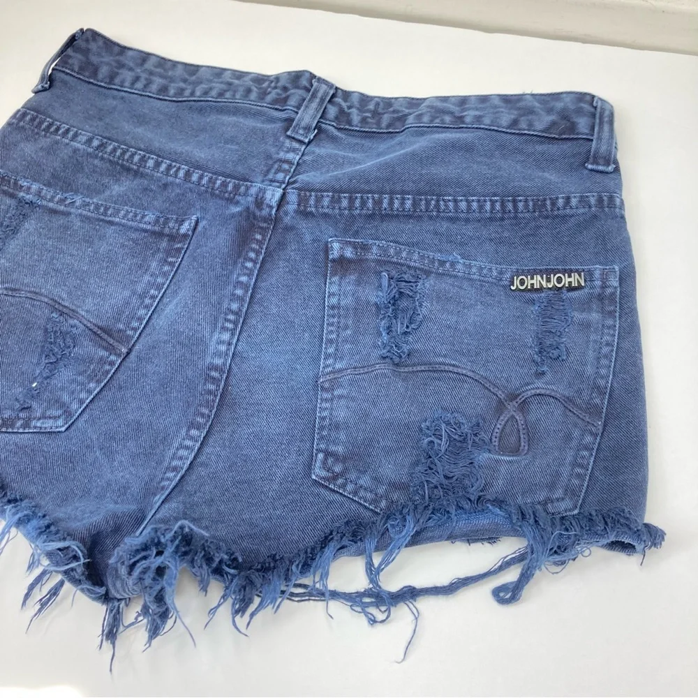 John John High Rise Distressed Shorts 26 Blue Raw Hem Cotton Brazilian - Picture 8 of 10
